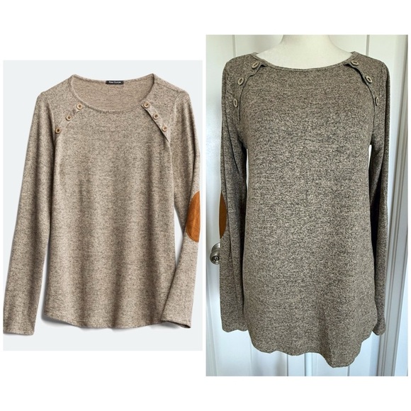 Pink Clover Tops - Pink Clover Luna Elbow Patch Button Knit Top | XS | Taupe